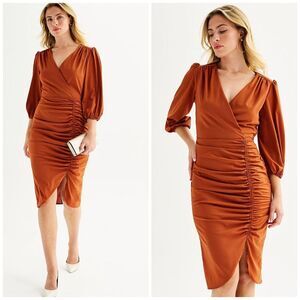 Maison Tara Rust Satin Ruched Midi Dress Size 4 Puff Sleeve Wrap Cocktail